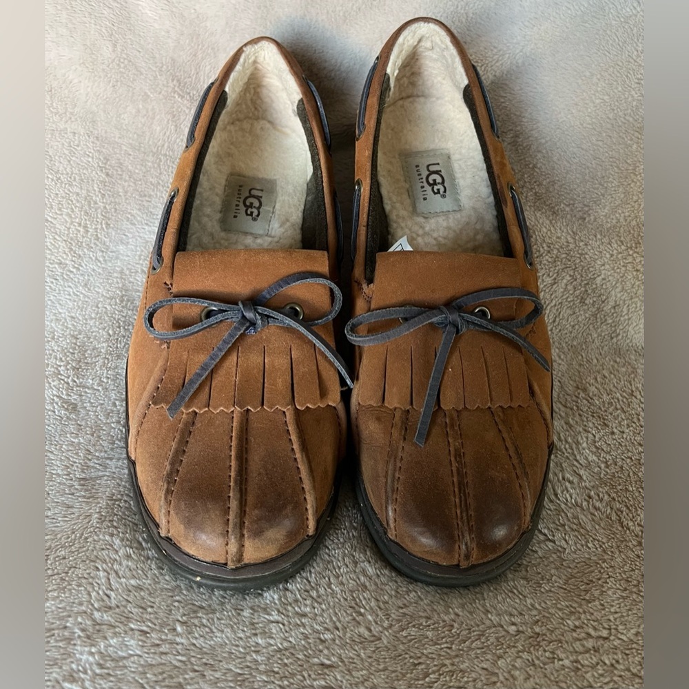 UGG Australia Haylie Brown Wool Lined Leather Boat Duck Women’s Shoes